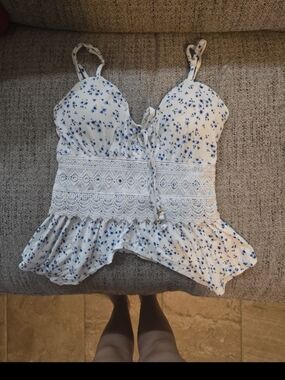 White & Blue Floral Lace-Trim Cami Top
